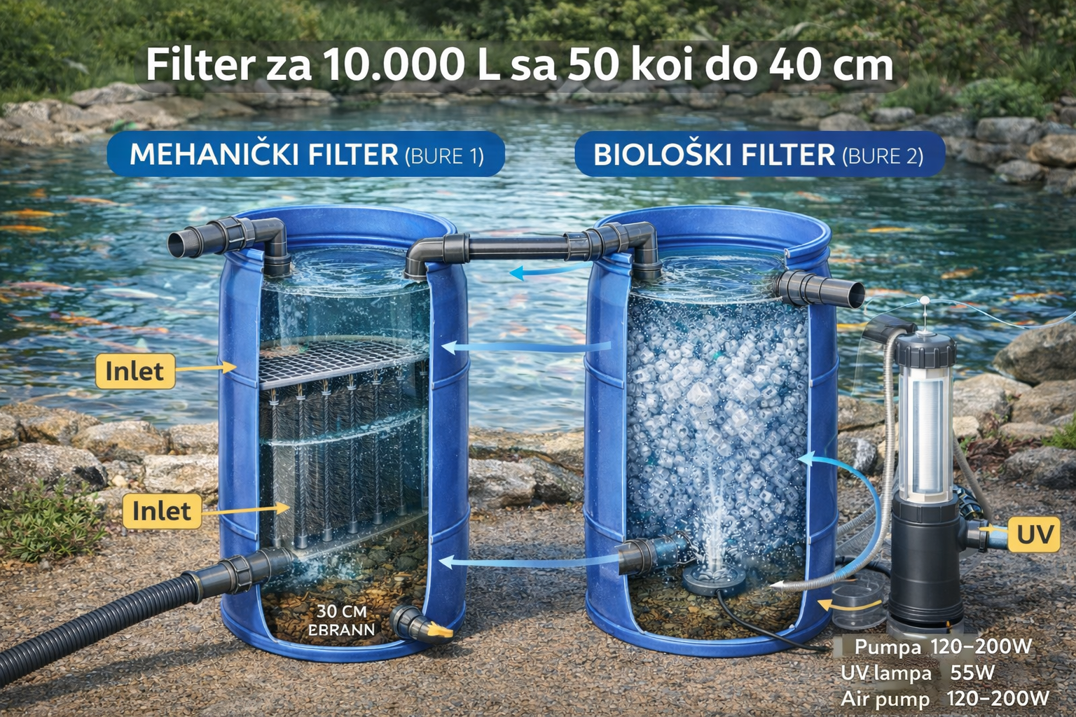 Filter za 10.000 L sa 50 koi do 40 cm: rešenje “2 bureta po 200 L” (mehaničko + biološko) + UV + aeracija